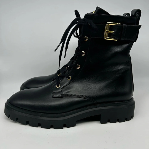 Stuart Weitzman Ultra Lug Black Combat boots Gold Buckles  size 10.5  new - Picture 11 of 14